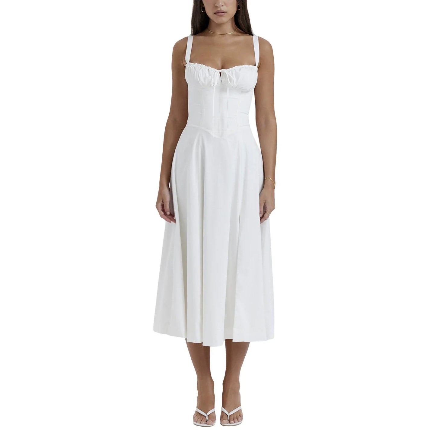 Women's Midi Dress Yellow Polyester Corset A-Line 5