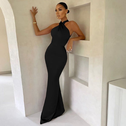 Variant image for Women's Evening Gown Black Size M Satin Halter Neck-4