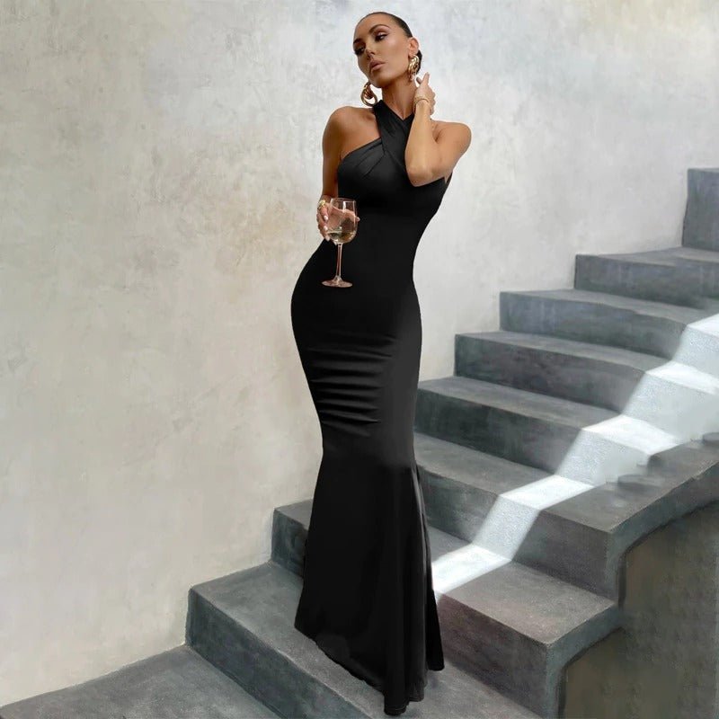 Women's Evening Gown Black Size M Satin Halter Neck-5