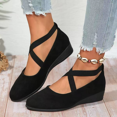 Women's Cross-Strap Wedge Shoes in Black – on-foot front view | Hensley London