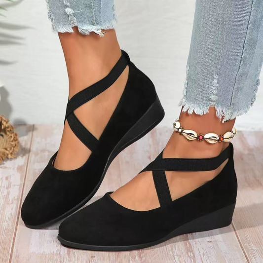 Women's Cross-Strap Wedge Shoes in Black – on-foot front view | Hensley London
