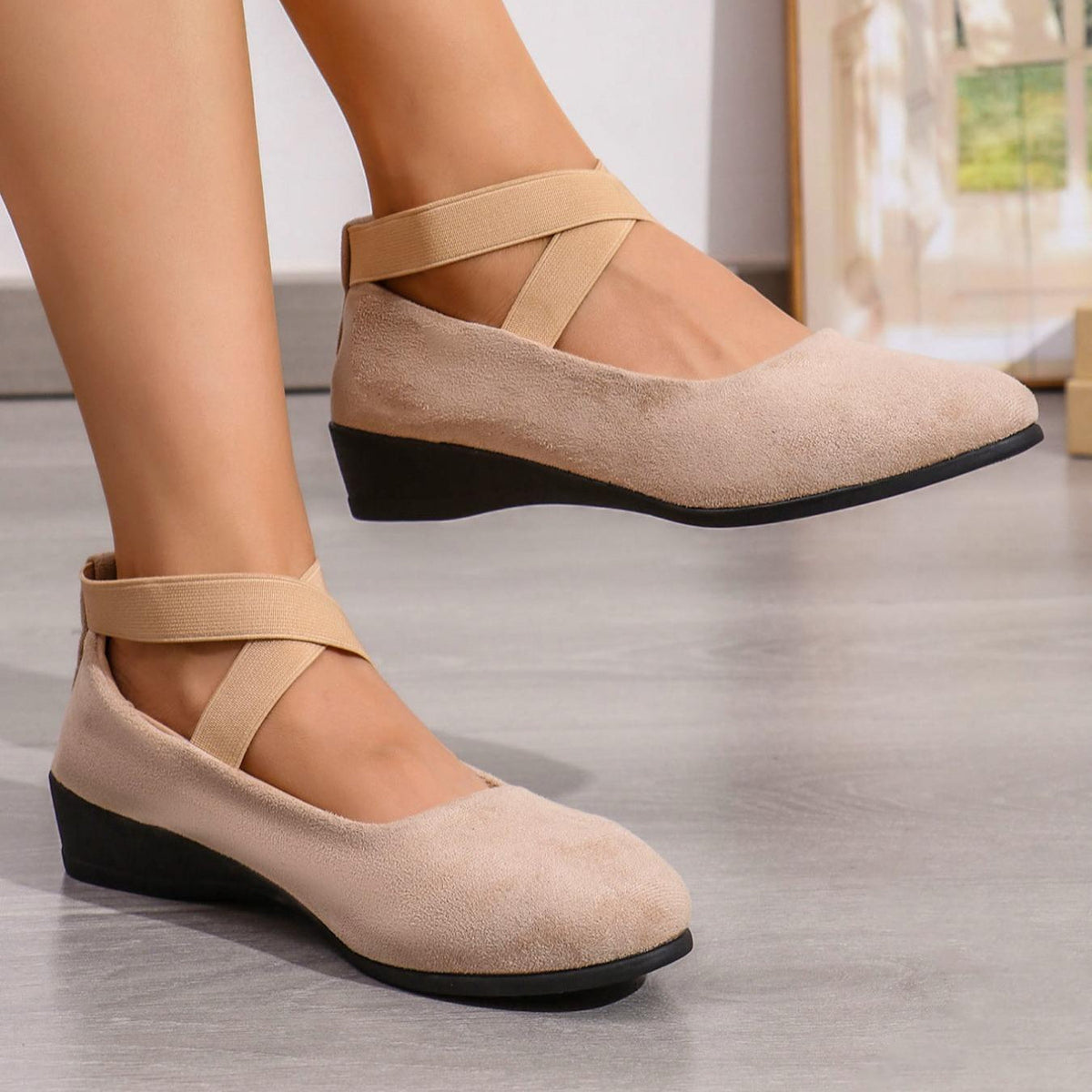 Women's Cross-Strap Wedge Shoes in Beige – on-foot side view | Hensley London