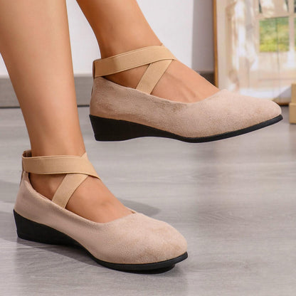 Women's Cross-Strap Wedge Shoes in Beige – on-foot side view | Hensley London