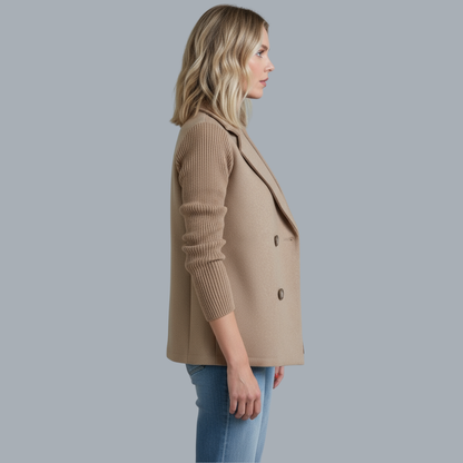 Women's Double-Breasted Blazer – Ribbed Knit Sleeves in Brown – side view | Hensley London
