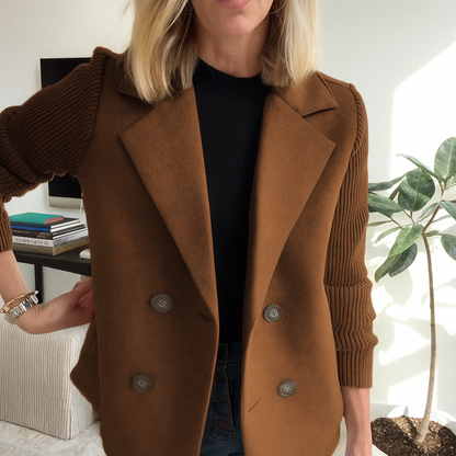 Women's Double-Breasted Blazer – Ribbed Knit Sleeves in Dark Brown – front detail | Hensley London
