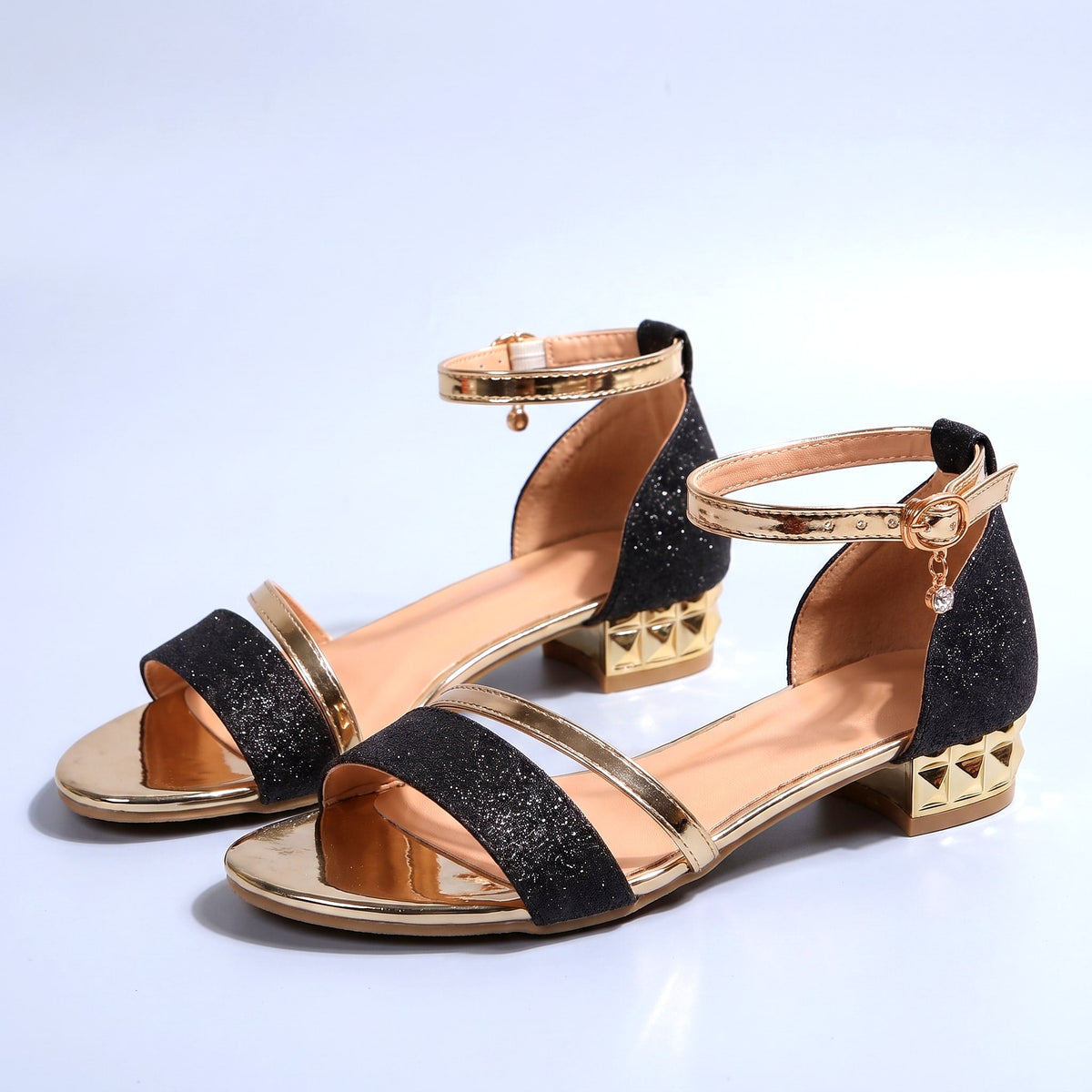 Women's Glitter Ankle-Strap Sandals in Black – pair view | Hensley London