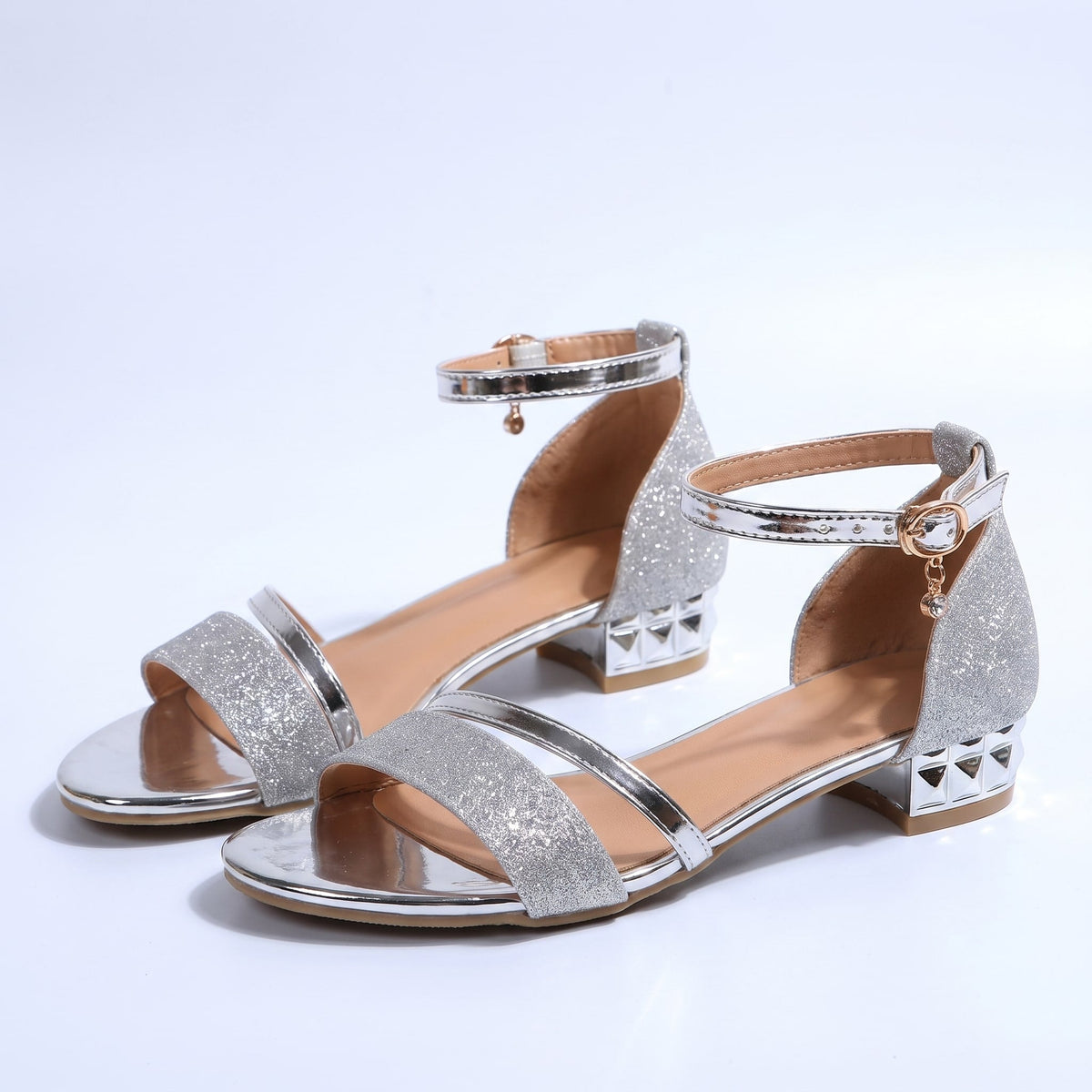 Women's Glitter Ankle-Strap Sandals in Silver – pair view | Hensley London