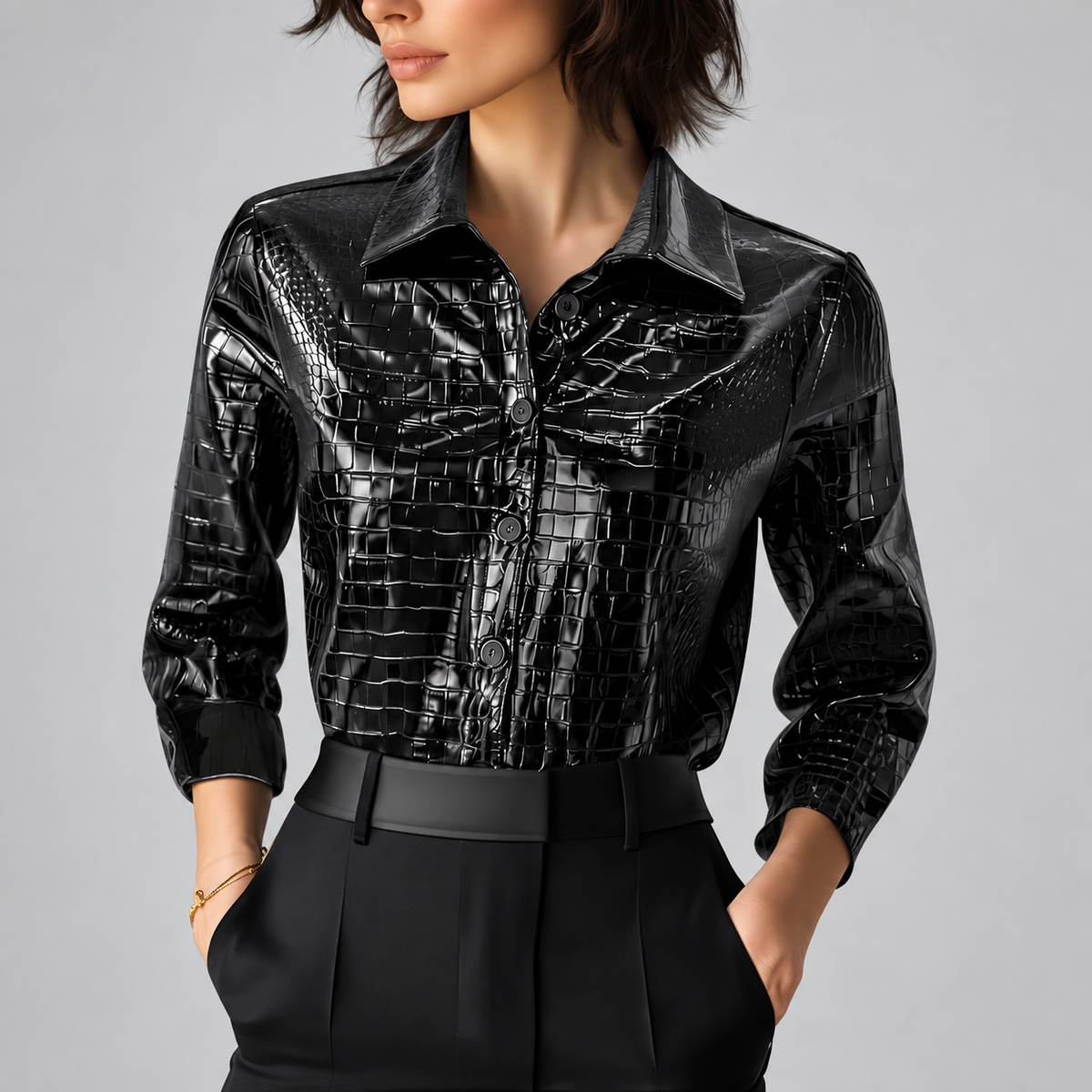Women's Glossy Croc-Embossed Button-Front Shirt - primary product view | Hensley London