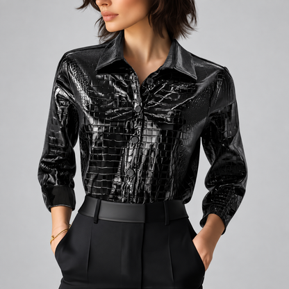 Women's Glossy Croc-Embossed Button-Front Shirt - primary product view | Hensley London