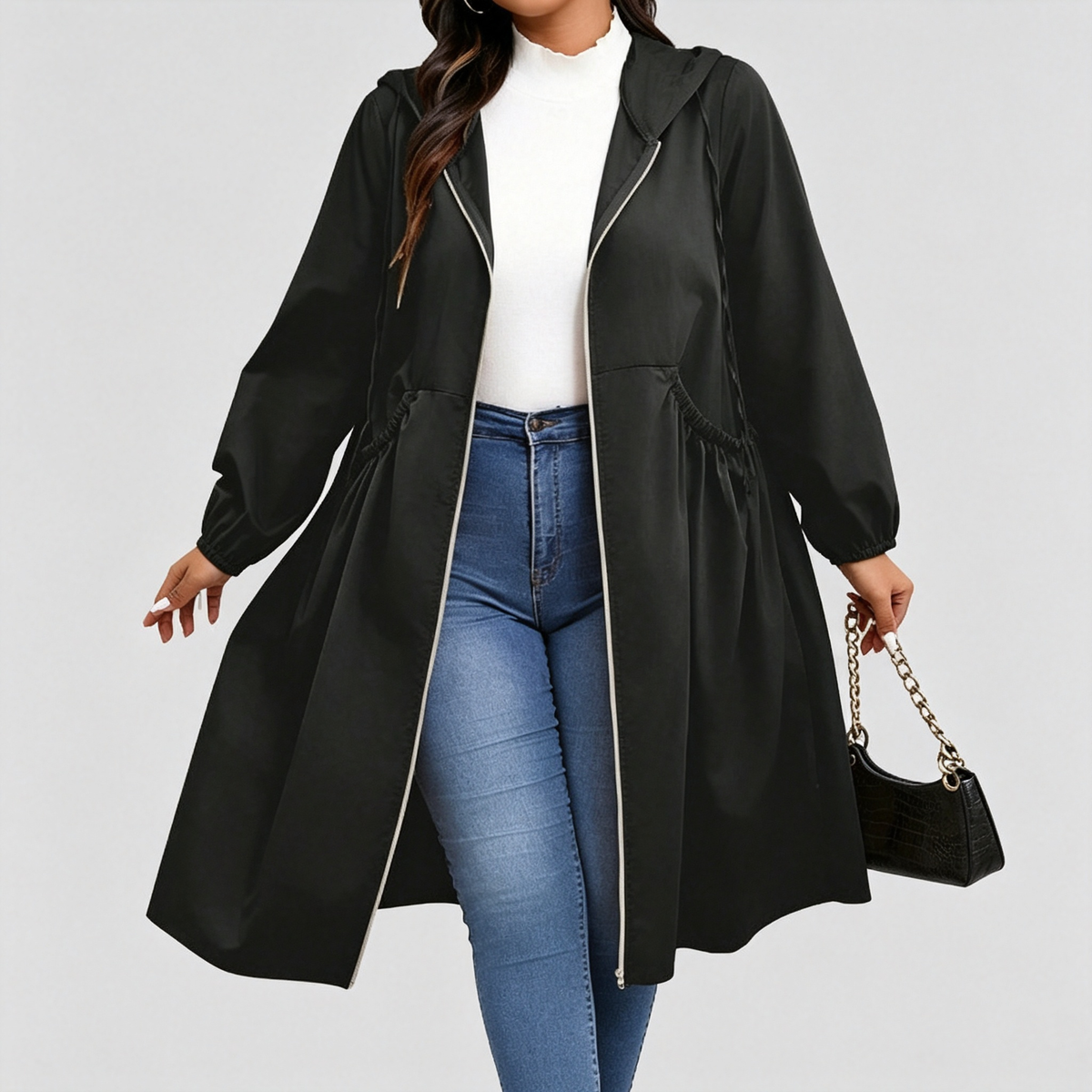 Women's Hooded Mid-Length Coat – Gathered Waist in Black – front view | Hensley London