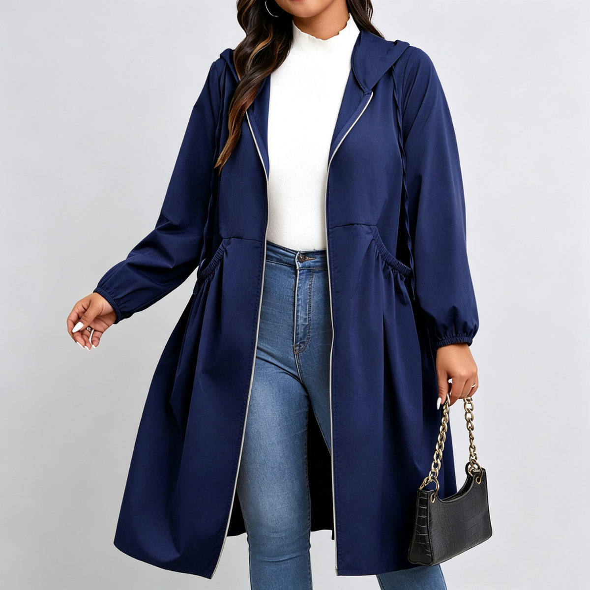Women's Hooded Mid-Length Coat – Gathered Waist in Navy – front view | Hensley London