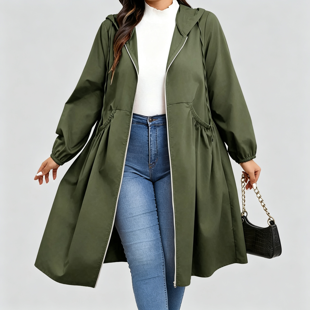 Women's Hooded Mid-Length Coat – Gathered Waist in Army Green – front view | Hensley London
