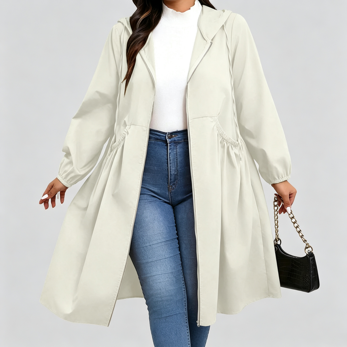 Women's Hooded Mid-Length Coat – Gathered Waist in Cream – front view | Hensley London