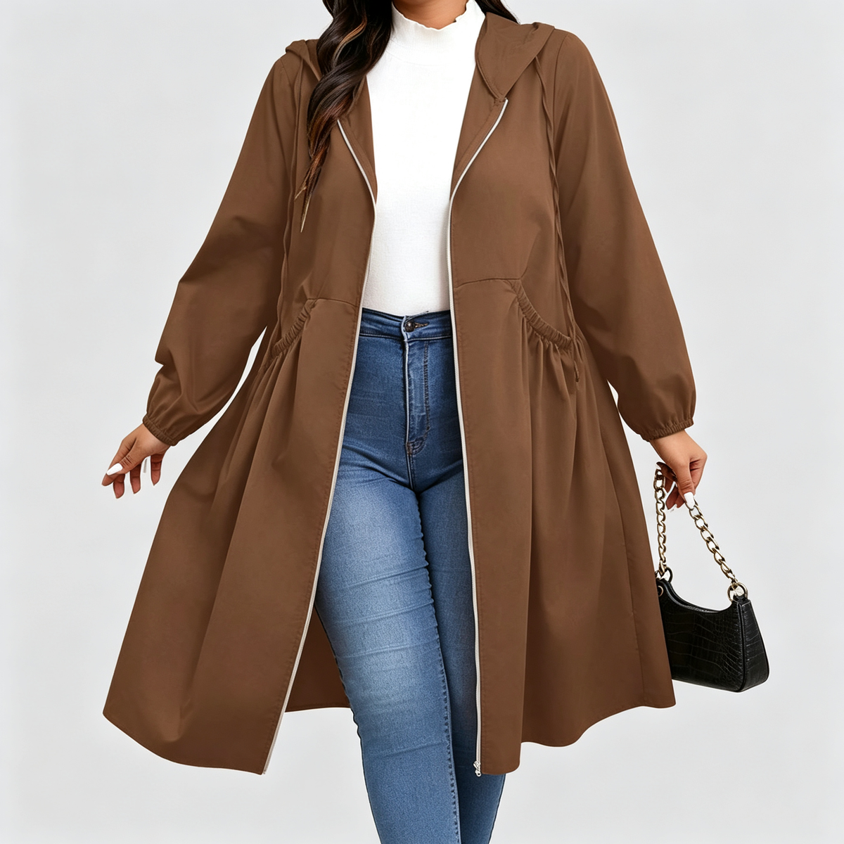 Women's Hooded Mid-Length Coat – Gathered Waist in Brown – front view | Hensley London