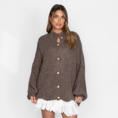 Women's Oversized Knit Cardigan – Gold-Tone Buttons in Brown – front view | Hensley London