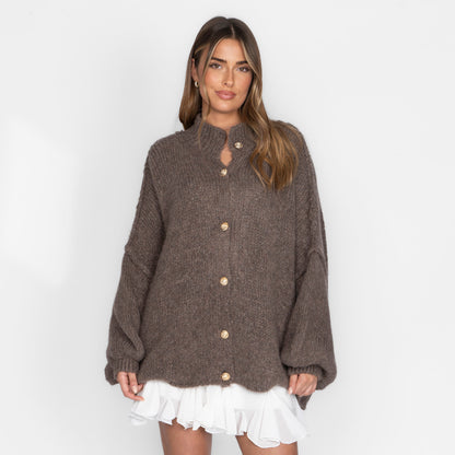 Women's Oversized Knit Cardigan – Gold-Tone Buttons in Brown – front view | Hensley London