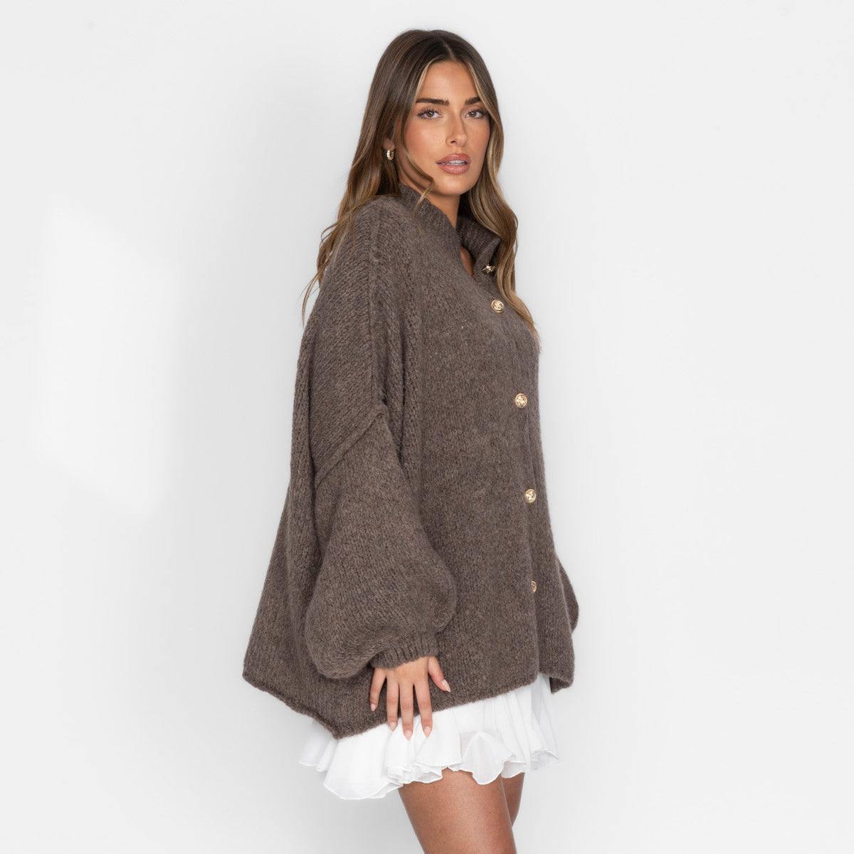 Women's Oversized Knit Cardigan – Gold-Tone Buttons in Brown – side view | Hensley London