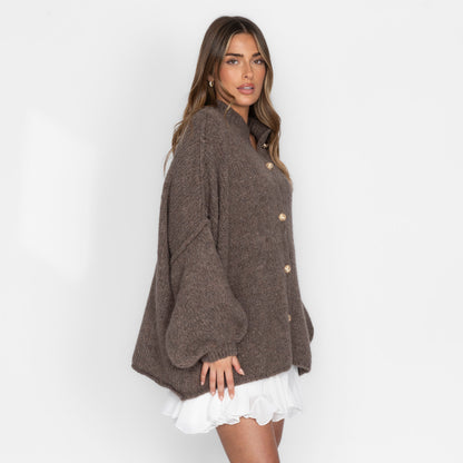 Women's Oversized Knit Cardigan – Gold-Tone Buttons in Brown – side view | Hensley London