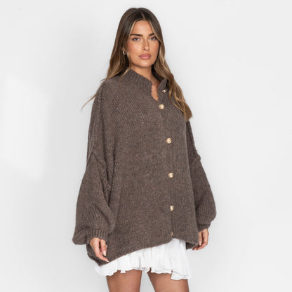 Women's Oversized Knit Cardigan – Gold-Tone Buttons in Brown – front view | Hensley London