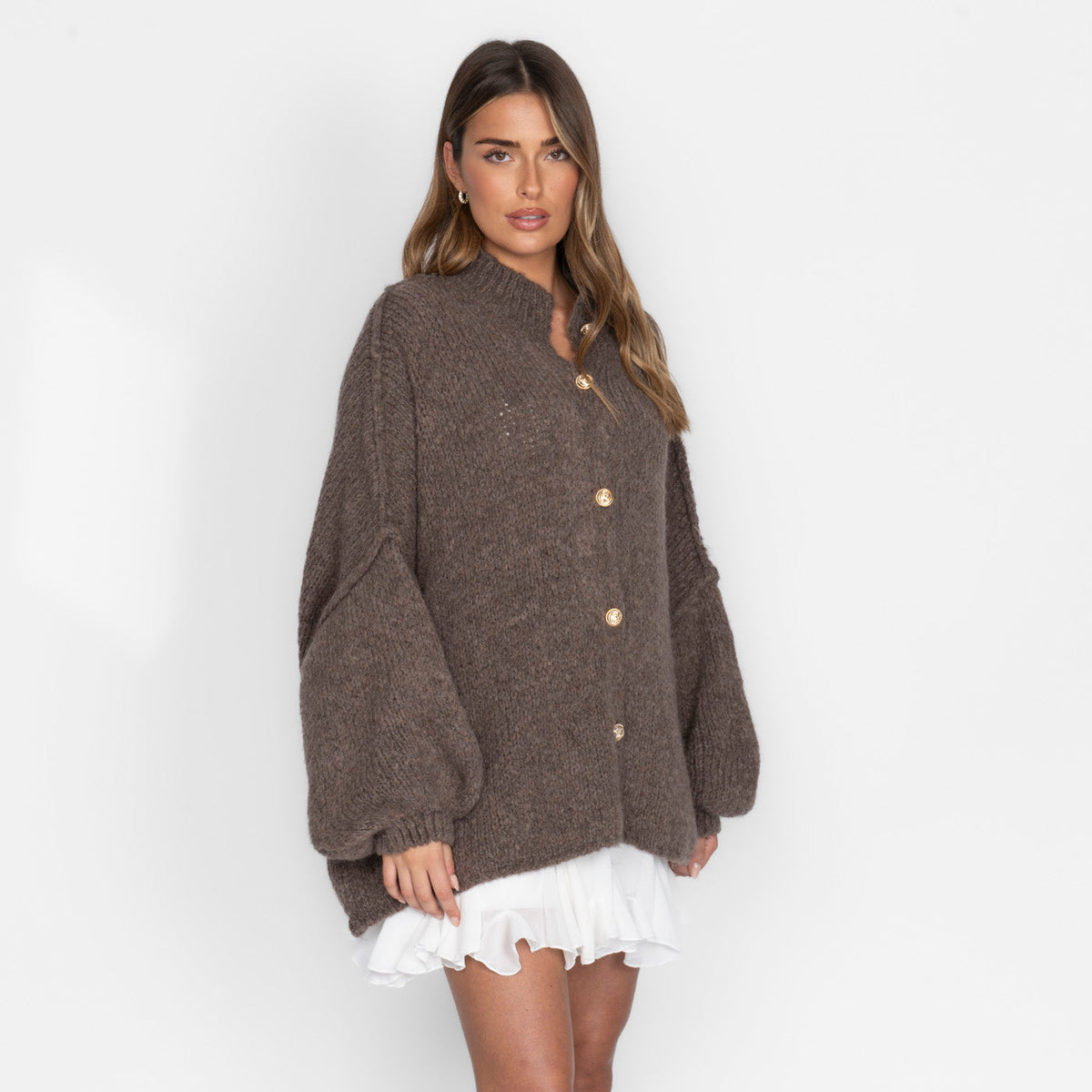 Women's Oversized Knit Cardigan – Gold-Tone Buttons in Brown – front view | Hensley London