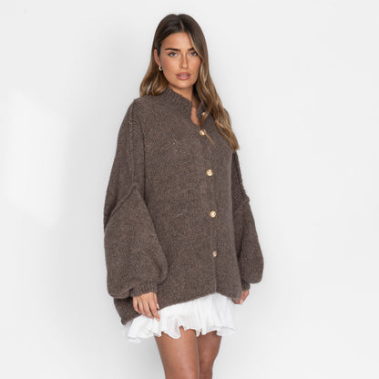 Women's Oversized Knit Cardigan – Gold-Tone Buttons in Brown – front view | Hensley London