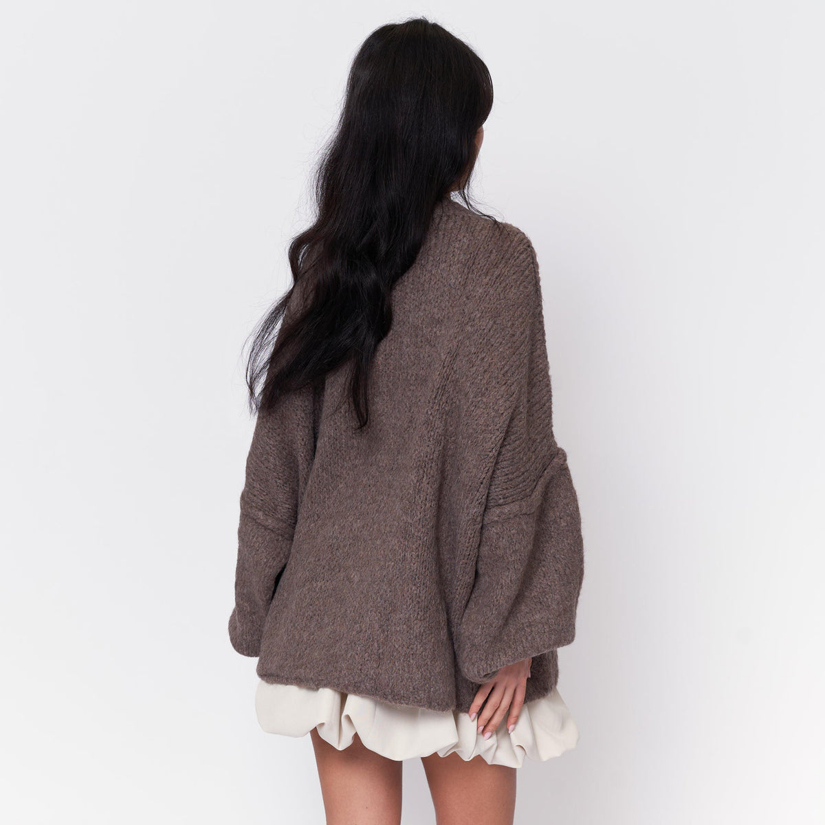 Women's Oversized Knit Cardigan – Gold-Tone Buttons in Brown – back view | Hensley London