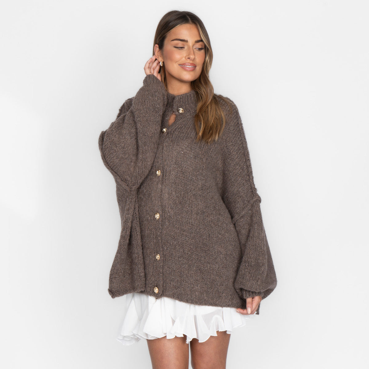Women's Oversized Knit Cardigan – Gold-Tone Buttons in Brown – front view | Hensley London