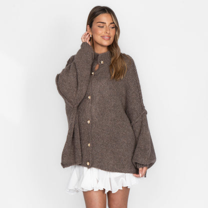Women's Oversized Knit Cardigan – Gold-Tone Buttons in Brown – front view | Hensley London