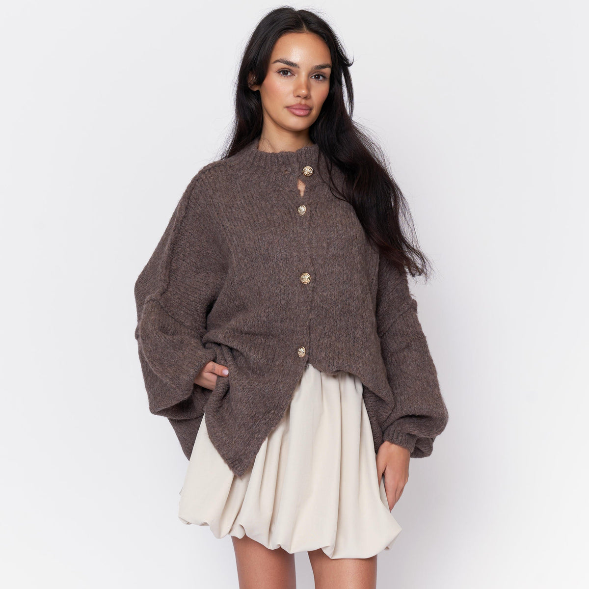 Women's Oversized Knit Cardigan – Gold-Tone Buttons in Brown – front view | Hensley London