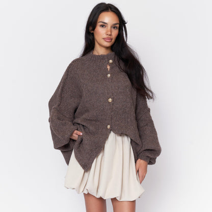 Women's Oversized Knit Cardigan – Gold-Tone Buttons in Brown – front view | Hensley London