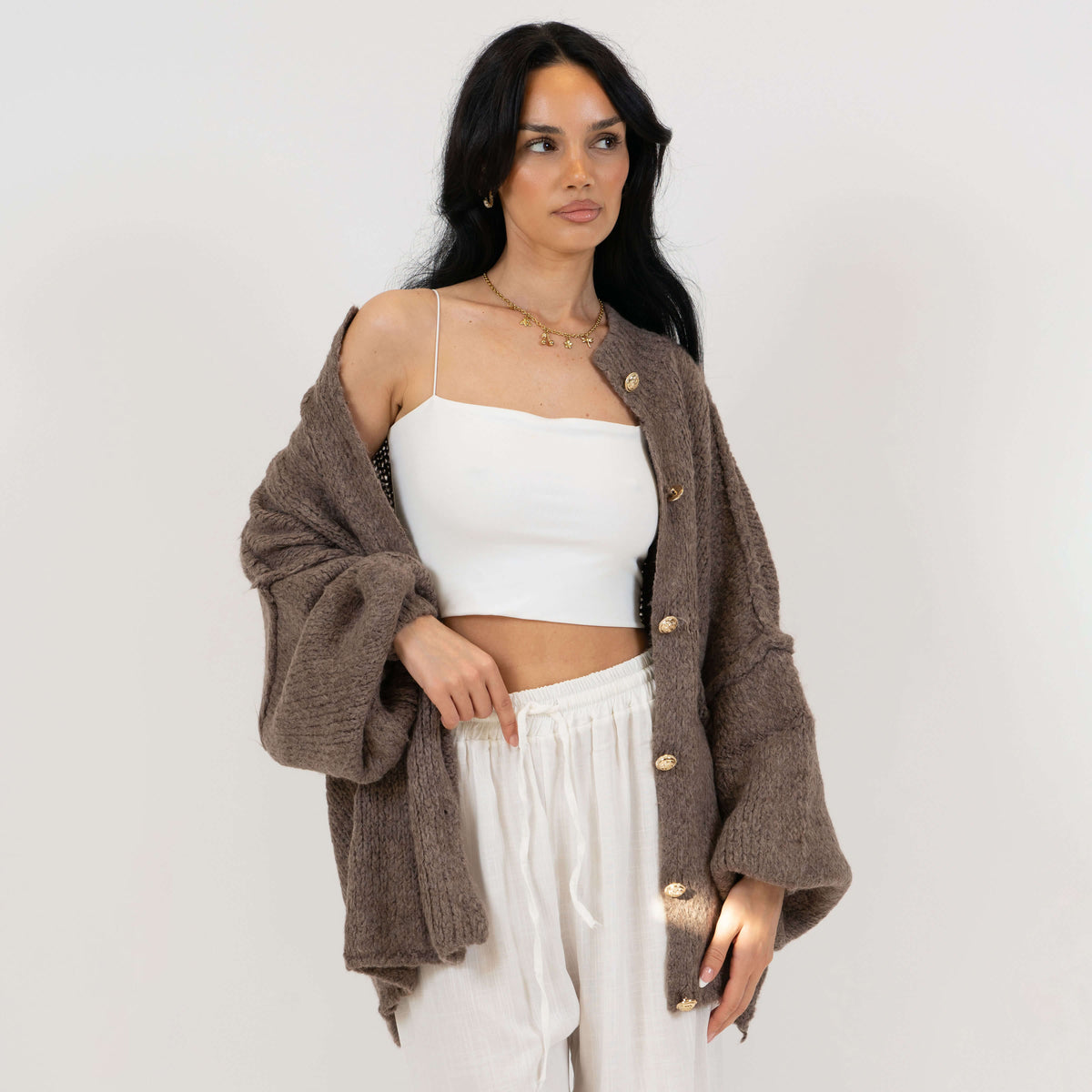 Women's Oversized Knit Cardigan – Gold-Tone Buttons in Brown – open front view | Hensley London