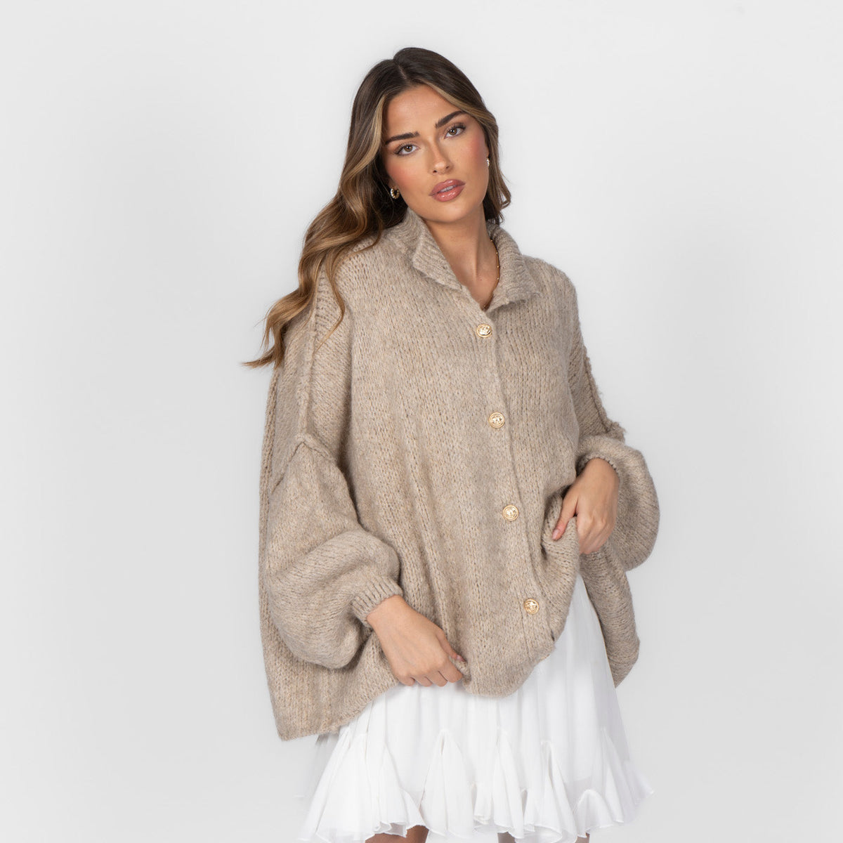 Women's Oversized Knit Cardigan – Gold-Tone Buttons in Beige – front view | Hensley London