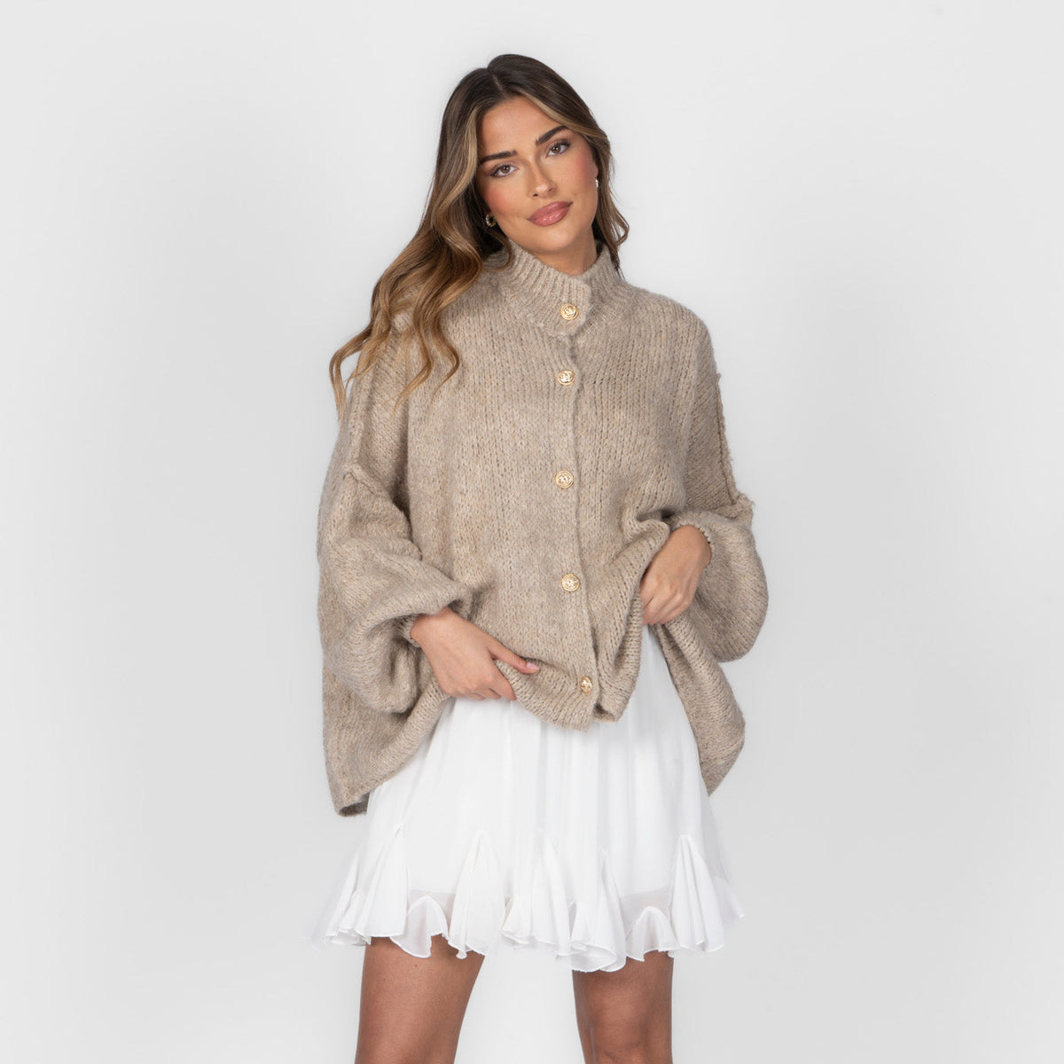 Women's Oversized Knit Cardigan – Gold-Tone Buttons in Beige – front view | Hensley London
