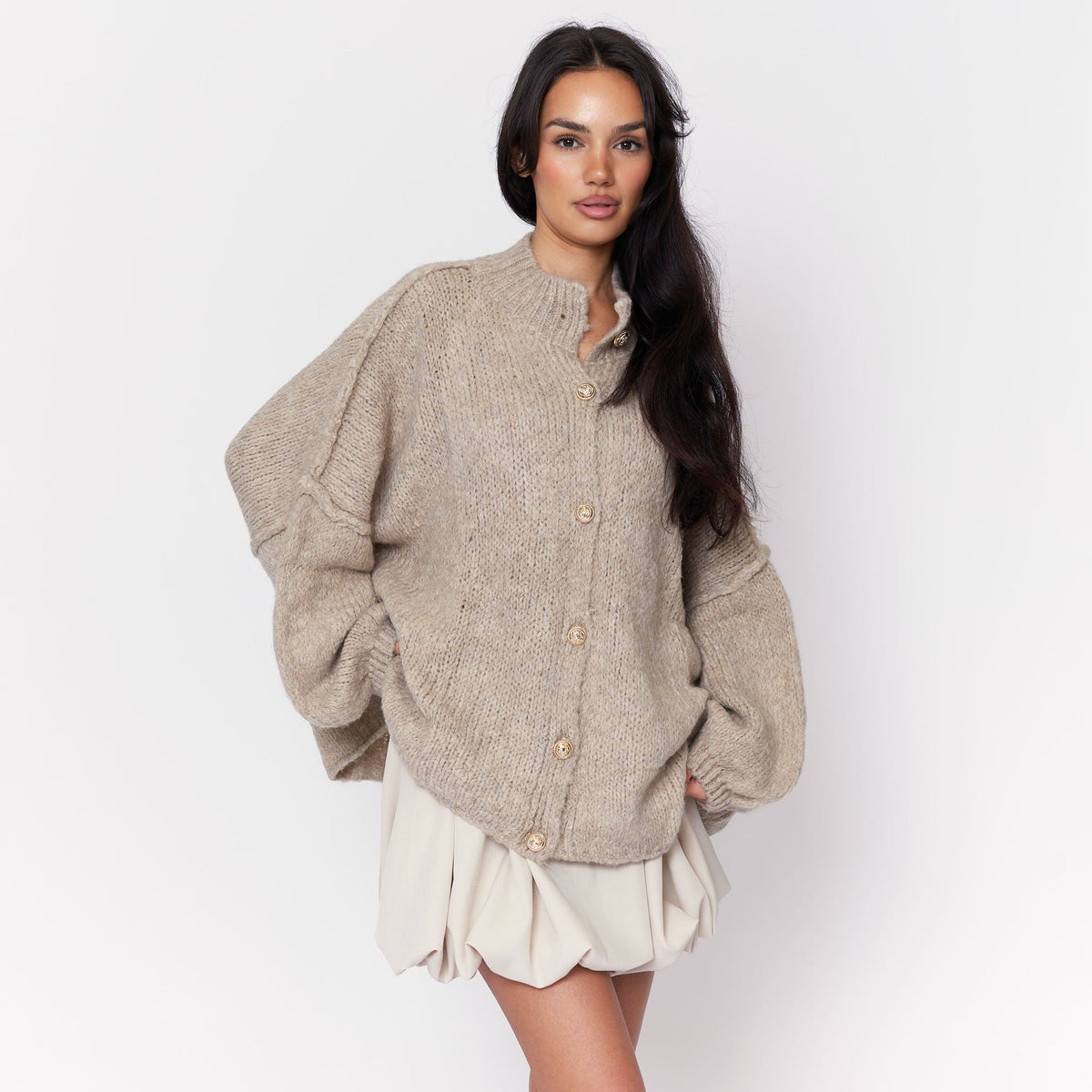 Women's Oversized Knit Cardigan – Gold-Tone Buttons in Beige – front view | Hensley London