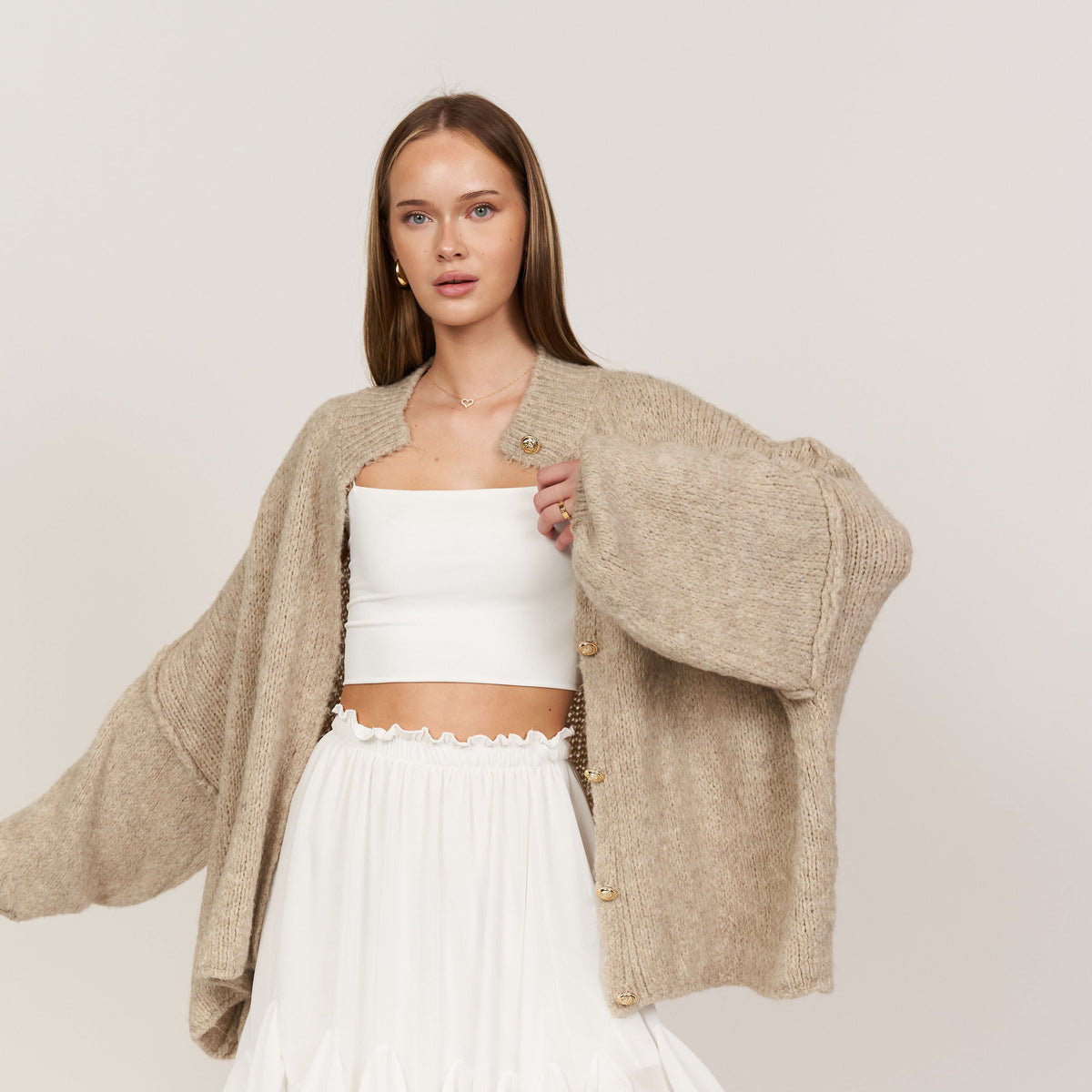 Women's Oversized Knit Cardigan – Gold-Tone Buttons in Beige – open front view | Hensley London