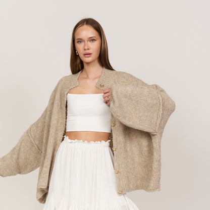 Women's Oversized Knit Cardigan – Gold-Tone Buttons in Beige – open front view | Hensley London