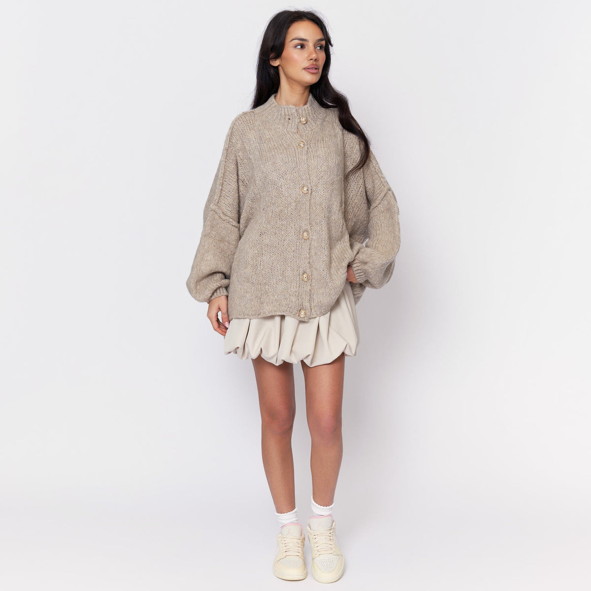 Women's Oversized Knit Cardigan – Gold-Tone Buttons in Beige – front view | Hensley London