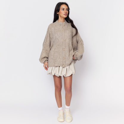 Women's Oversized Knit Cardigan – Gold-Tone Buttons in Beige – front view | Hensley London