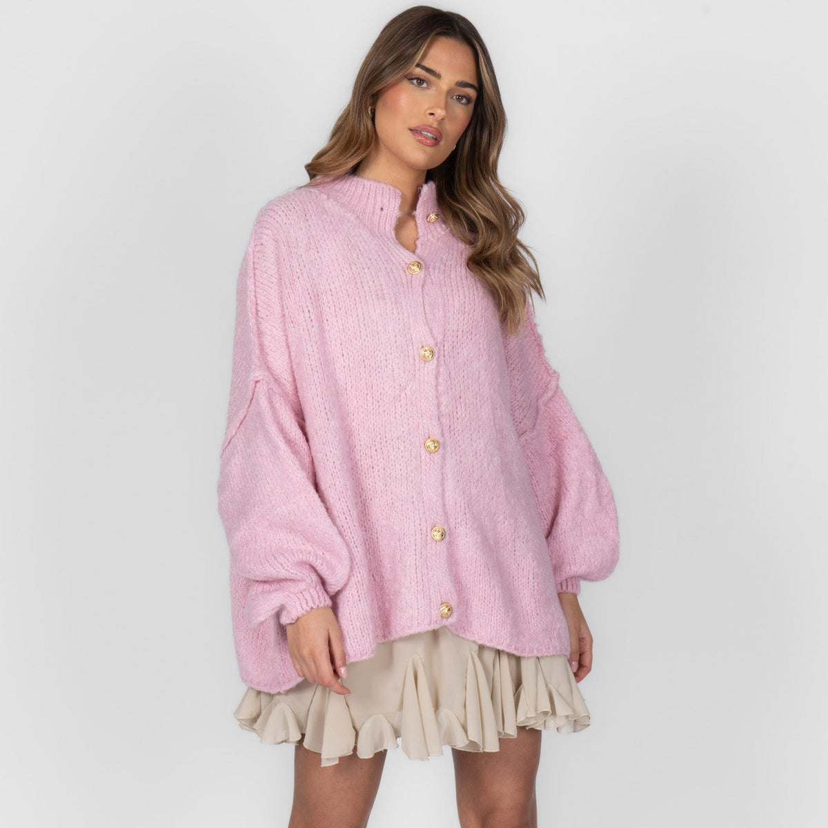Women's Oversized Knit Cardigan – Gold-Tone Buttons in Soft Pink – front view | Hensley London