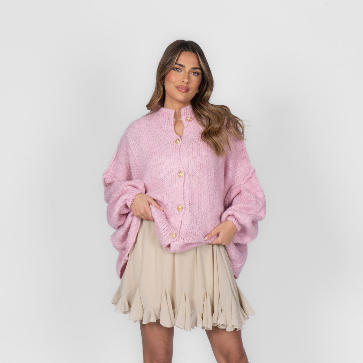 Women's Oversized Knit Cardigan – Gold-Tone Buttons in Soft Pink – front view | Hensley London