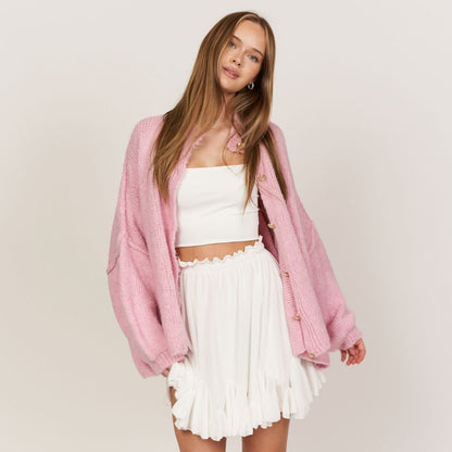Women's Oversized Knit Cardigan – Gold-Tone Buttons in Soft Pink – open front view | Hensley London