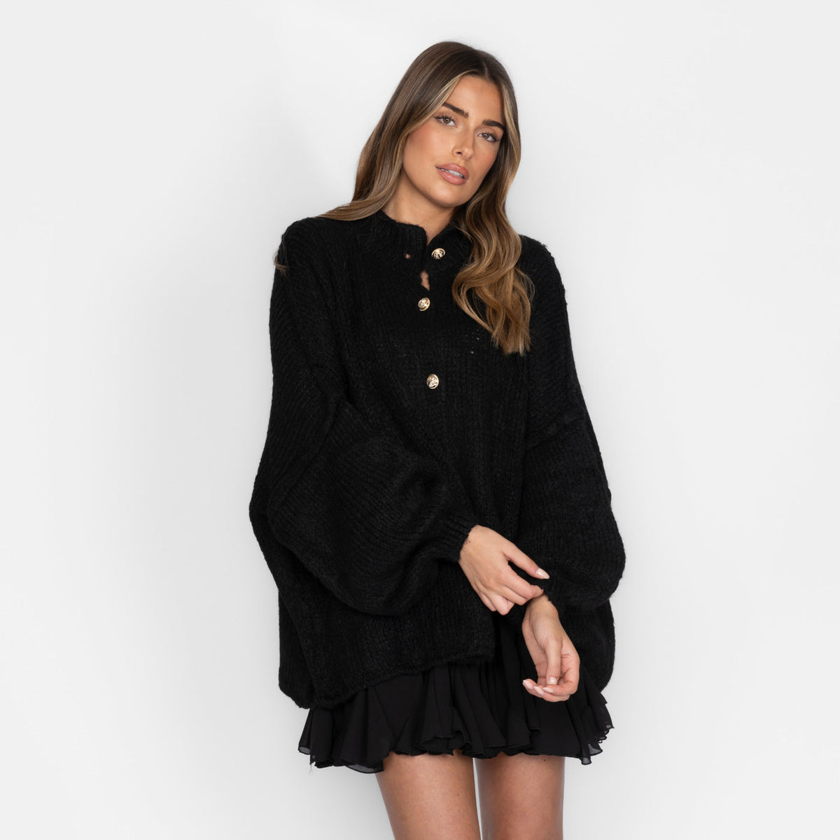Women's Oversized Knit Cardigan – Gold-Tone Buttons in Black – front view | Hensley London