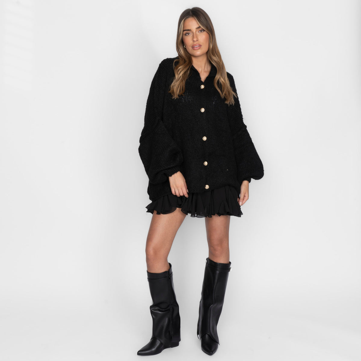 Women's Oversized Knit Cardigan – Gold-Tone Buttons in Black – front view | Hensley London