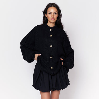 Women's Oversized Knit Cardigan – Gold-Tone Buttons in Black – front view | Hensley London