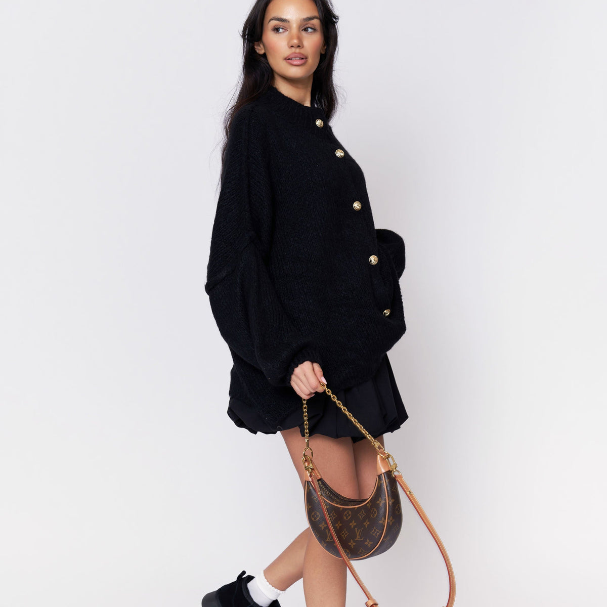 Women's Oversized Knit Cardigan – Gold-Tone Buttons in Black – side view | Hensley London