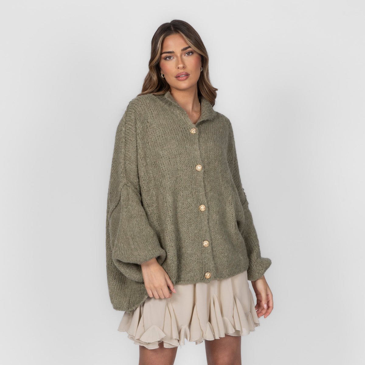 Women's Oversized Knit Cardigan – Gold-Tone Buttons in Soft Olive – front view | Hensley London