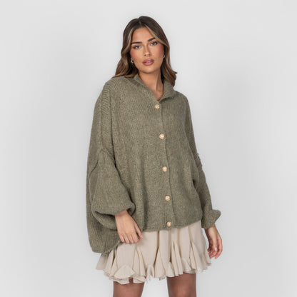 Women's Oversized Knit Cardigan – Gold-Tone Buttons in Soft Olive – front view | Hensley London