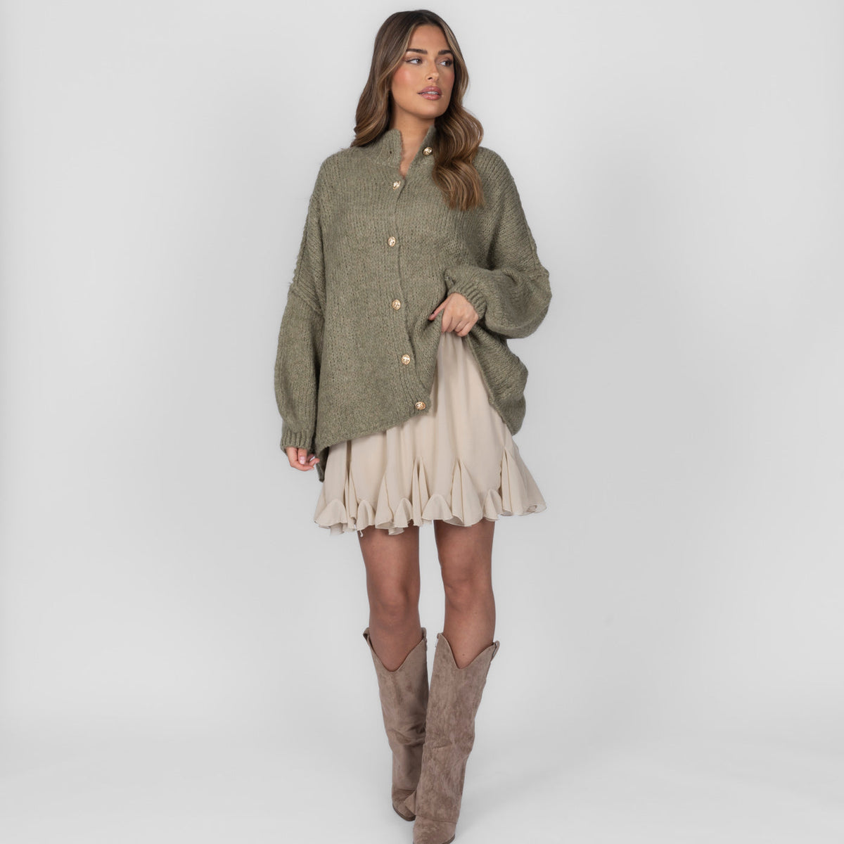 Women's Oversized Knit Cardigan – Gold-Tone Buttons in Soft Olive – front view | Hensley London