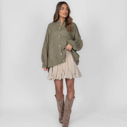 Women's Oversized Knit Cardigan – Gold-Tone Buttons in Soft Olive – front view | Hensley London