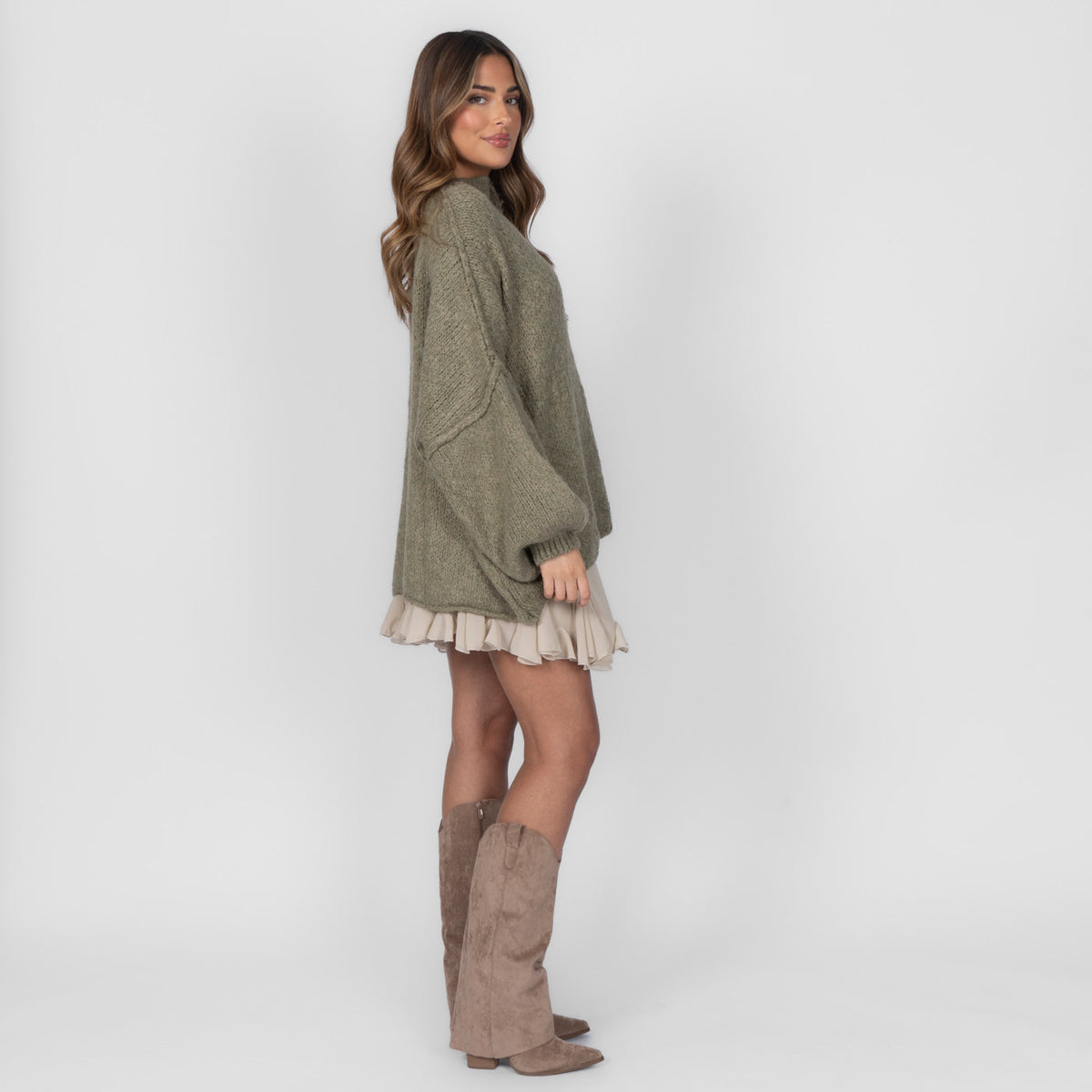 Women's Oversized Knit Cardigan – Gold-Tone Buttons in Soft Olive – side view | Hensley London